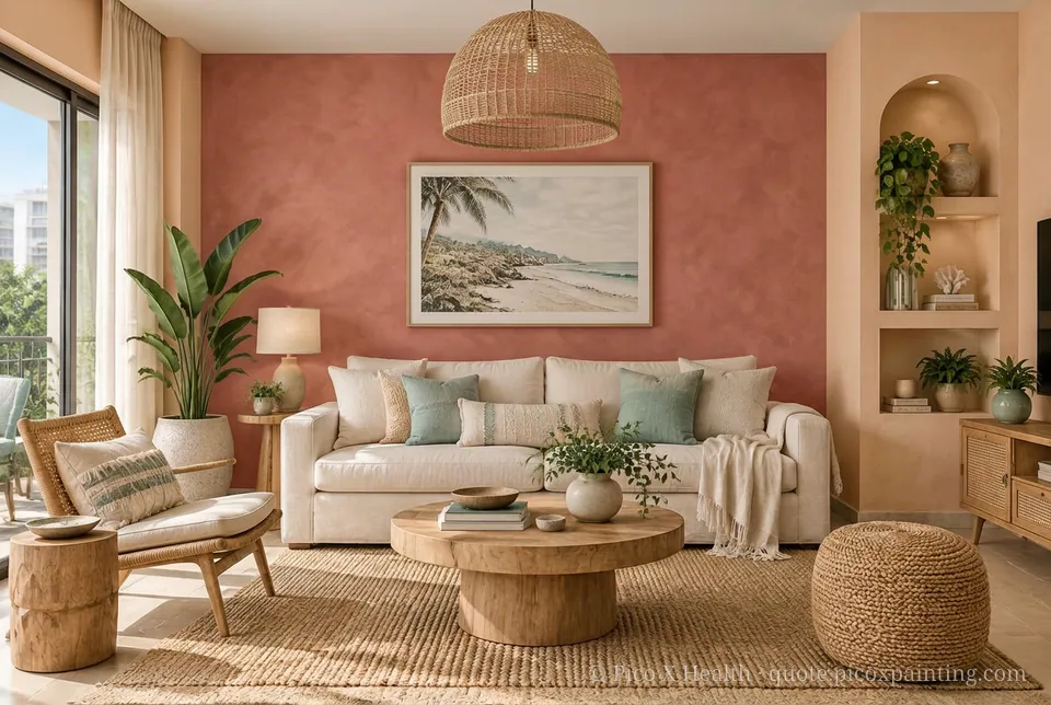 Tulum Bohemian Rich / Statement living room — Gush Core/Care Breadwinner (NE028B) walls with a Raffles Terracota limewash feature wall and Tulum Bohemian furnishings
