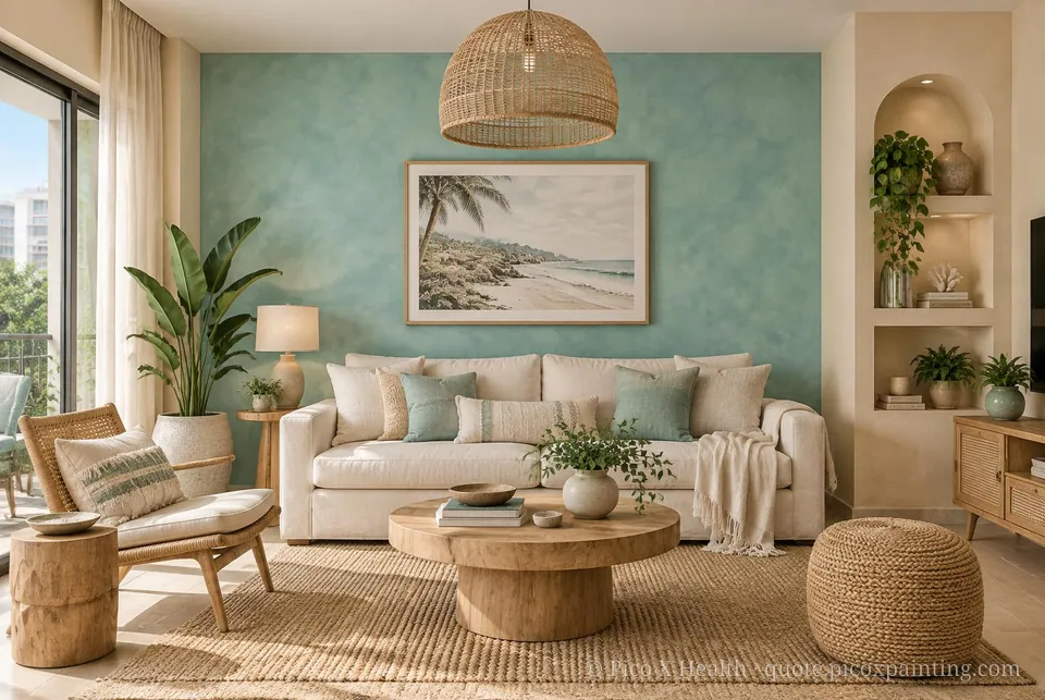 Tulum Bohemian Soft / Airy living room — Gush Core/Care Private Island (PI011A) walls with a Raffles Aqua Fern limewash feature wall and Tulum Bohemian furnishings