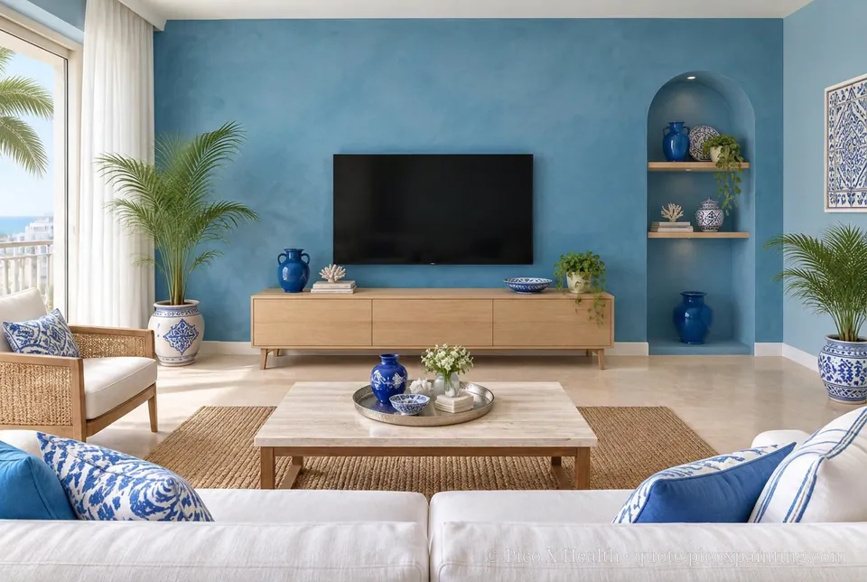 Tunisian Coastal Rich / Statement living room — Gush Core/Care Faye's Theme (BL030B) walls with a Raffles Indigo Lagoon limewash feature wall and Tunisian Coastal furnishings