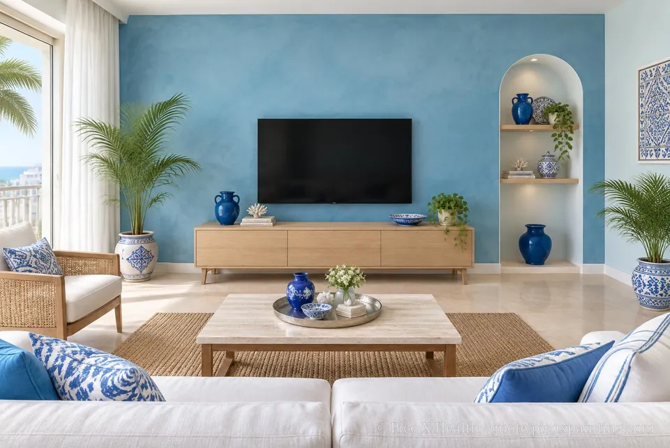 Tunisian Coastal Soft / Airy living room — Gush Core/Care Solstice (BL025A) walls with a Raffles Azure Sky limewash feature wall and Tunisian Coastal furnishings
