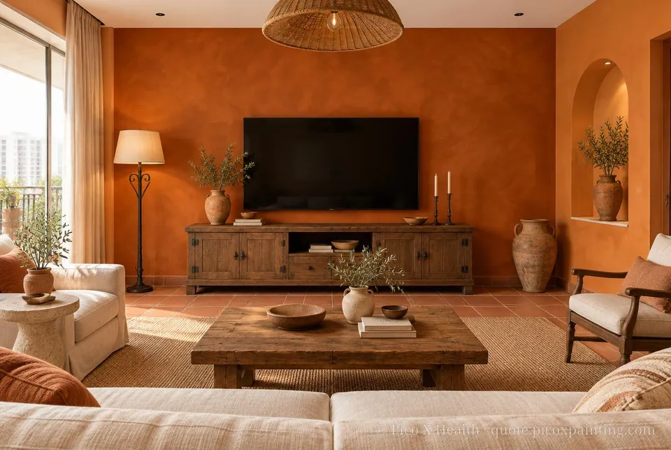Tuscan Rich / Statement living room — Gush Core/Care Daytona (OR003B) walls with a Raffles Burnt Amber limewash feature wall and Tuscan furnishings