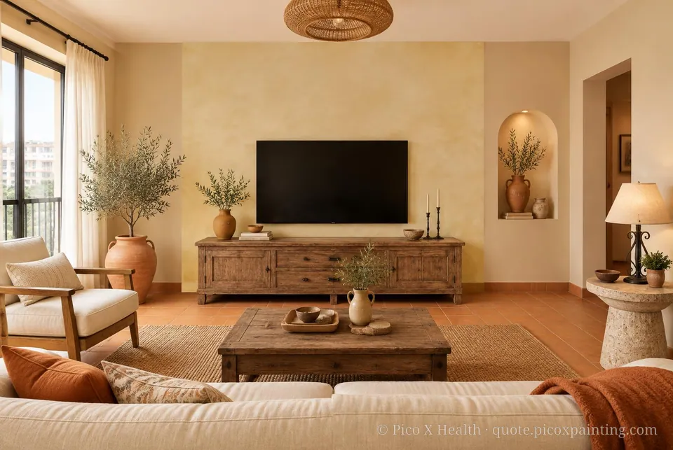 Tuscan Soft / Airy living room — Gush Core/Care Retriever (NE014B) walls with a Raffles Sugar Terra limewash feature wall and Tuscan furnishings