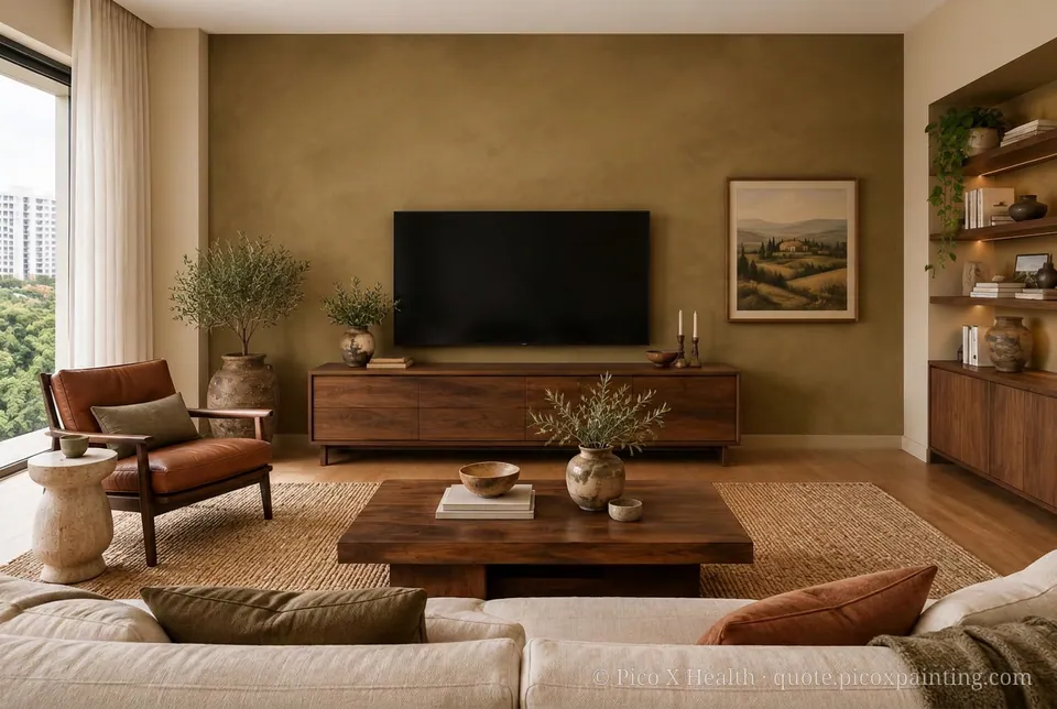 Umbrian Rich / Statement living room — Gush Core/Care Coffee Beam (NE015B) walls with a Raffles Toffee Delight limewash feature wall and Umbrian furnishings