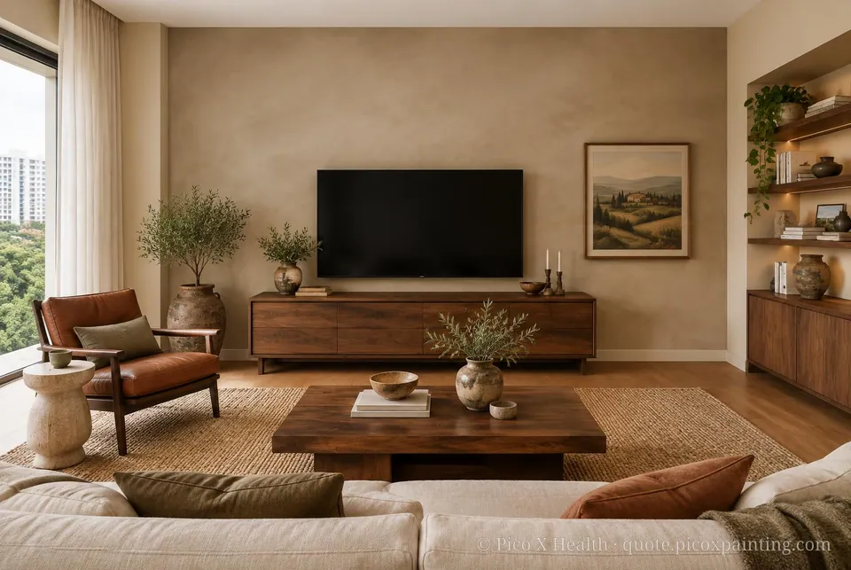 Umbrian Soft / Airy living room — Gush Core/Care Malik (NE019B) walls with a Raffles Mocha Silk limewash feature wall and Umbrian furnishings