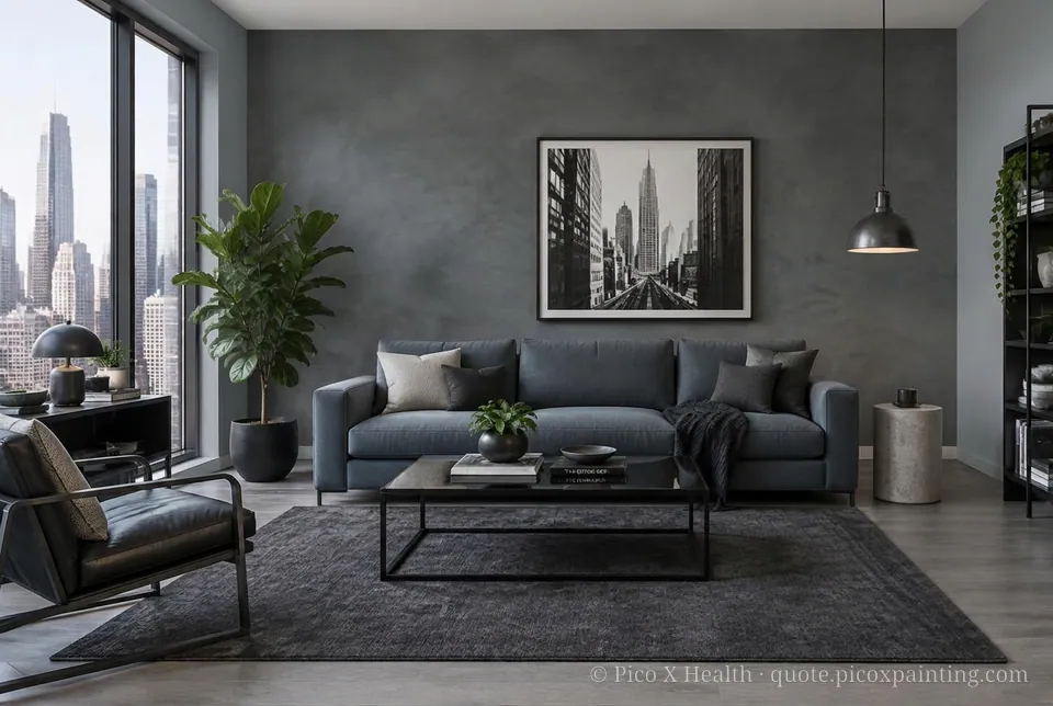 Urban Contemporary Rich / Statement living room — Gush Core/Care Stellar (XR056B) walls with a Raffles Dark Sky limewash feature wall and Urban Contemporary furnishings