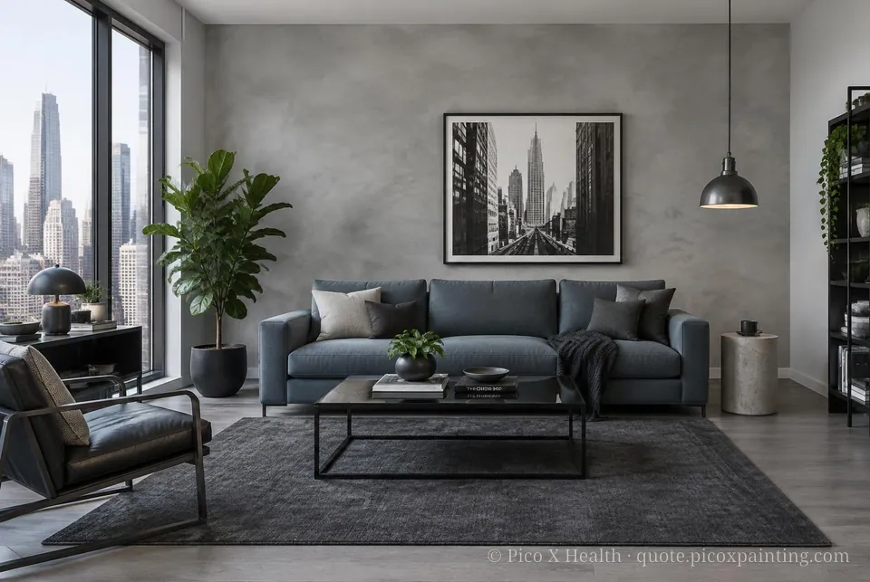Urban Contemporary Soft / Airy living room — Gush Core/Care Cooldown (XR001A) walls with a Raffles Cement Gray limewash feature wall and Urban Contemporary furnishings