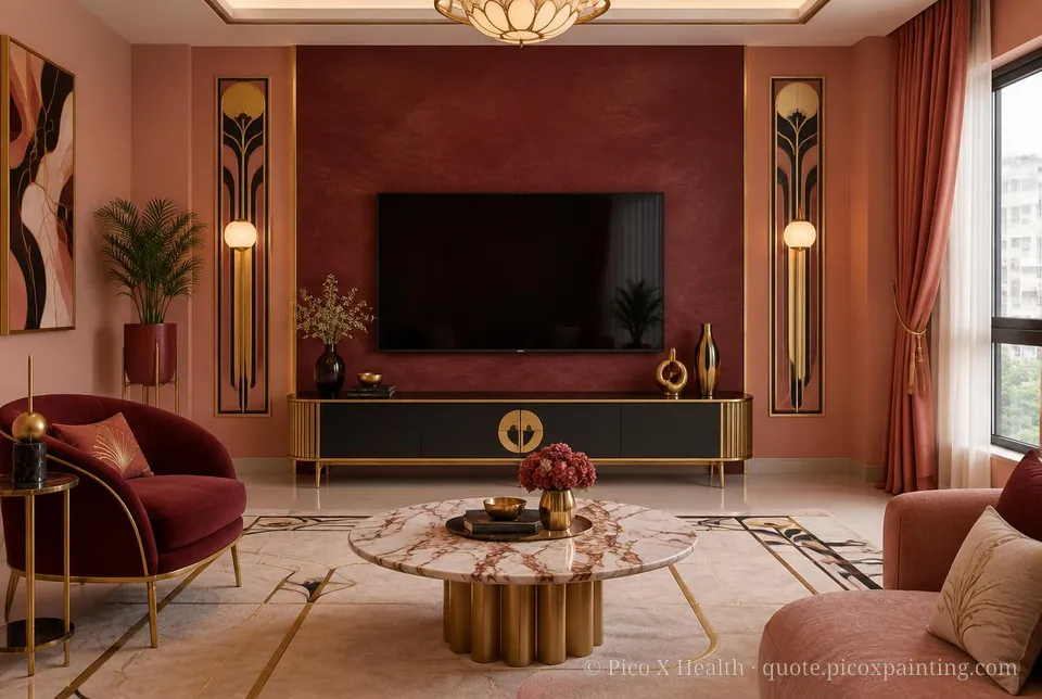 Viennese Secession Rich / Statement living room — Gush Core/Care Date Night (RE000B) walls with a Raffles Burgundy Bazaar limewash feature wall and Viennese Secession furnishings