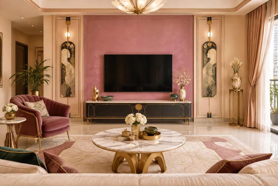 Viennese Secession Soft / Airy living room — Gush Core/Care Bellylaugh (PI009A) walls with a Raffles Velvet Burg limewash feature wall and Viennese Secession furnishings