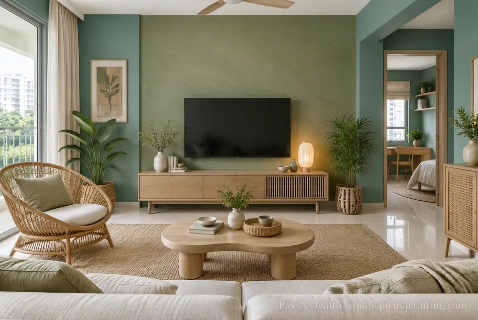 Vietnamese Contemporary Rich / Statement living room — Gush Core/Care Ikigai (GR011B) walls with a Raffles Olive Overturn limewash feature wall and Vietnamese Contemporary furnishings