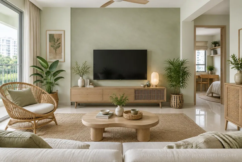 Vietnamese Contemporary Soft / Airy living room — Gush Core/Care Chiffonade (BG008A) walls with a Raffles Silver Sage limewash feature wall and Vietnamese Contemporary furnishings
