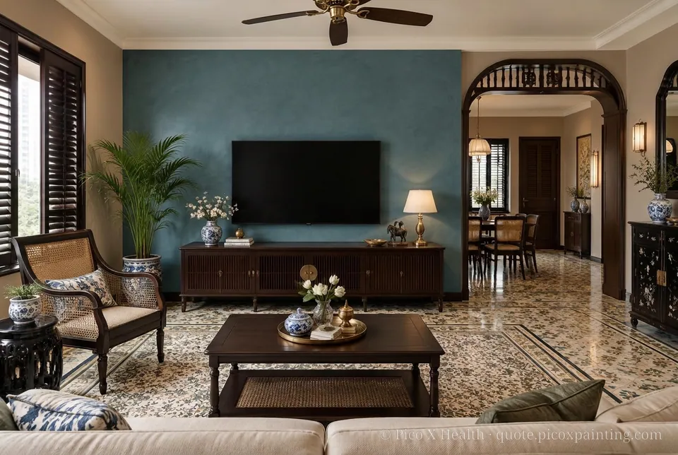 Vietnamese Indochine Rich / Statement living room — Gush Core/Care Coffee Beam (NE015B) walls with a Raffles Indigo Lagoon limewash feature wall and Vietnamese Indochine furnishings