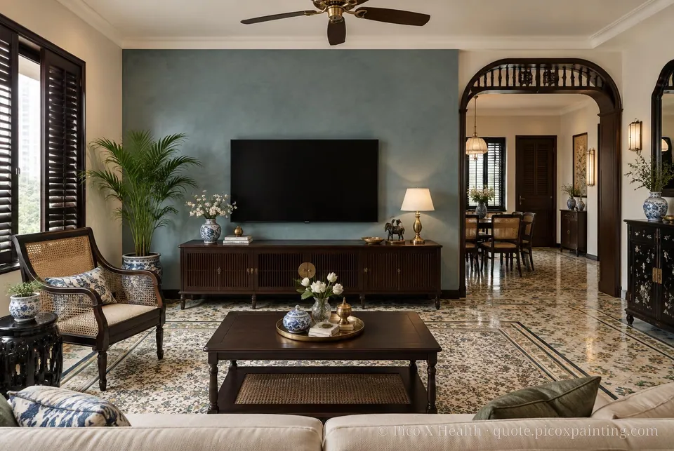 Vietnamese Indochine Soft / Airy living room — Gush Core/Care Siew Dai (WH012A) walls with a Raffles Steel Blue limewash feature wall and Vietnamese Indochine furnishings