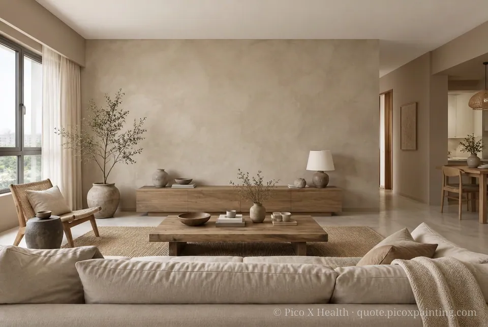 Wabi-Sabi Rich / Statement living room — Gush Core/Care Coffee Beam (NE015B) walls with a Raffles Mocha Silk limewash feature wall and Wabi-Sabi furnishings