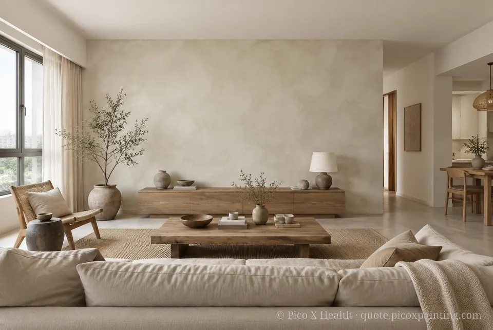 Wabi-Sabi Soft / Airy living room — Gush Core/Care Tangyuan (WH007A) walls with a Raffles Soft Linen limewash feature wall and Wabi-Sabi furnishings