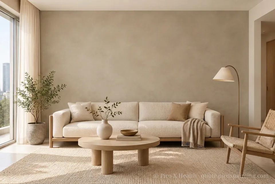 Warm Minimalism Rich / Statement living room — Gush Core/Care Sandy Mandy (NE005B) walls with a Raffles Mocha Silk limewash feature wall and Warm Minimalism furnishings