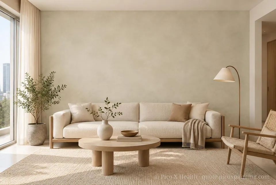 Warm Minimalism Soft / Airy living room — Gush Core/Care Pillowtalk (WH006A) walls with a Raffles Soft Linen limewash feature wall and Warm Minimalism furnishings