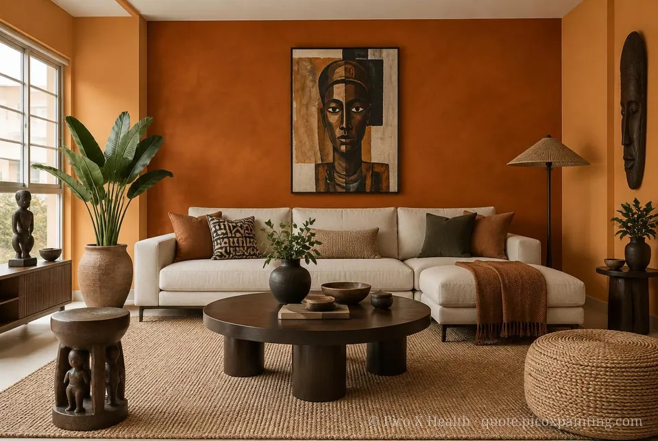 West African Earth Rich / Statement living room — Gush Core/Care Daytona (OR003B) walls with a Raffles Burnt Amber limewash feature wall and West African Earth furnishings