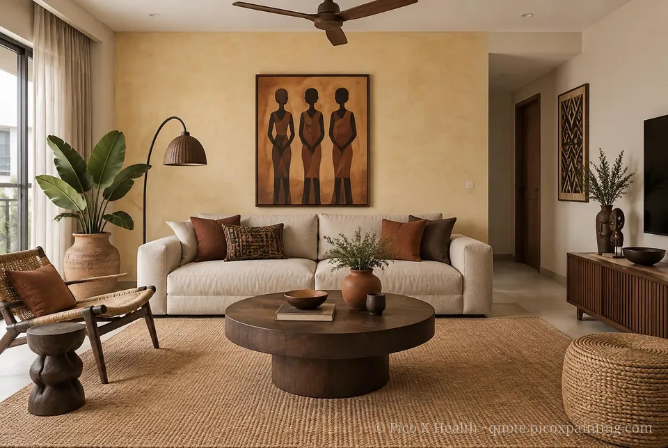 West African Earth Soft / Airy living room — Gush Core/Care Retriever (NE014B) walls with a Raffles Sugar Terra limewash feature wall and West African Earth furnishings