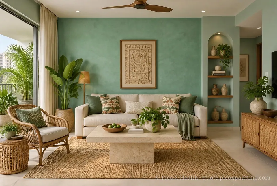 Yucatán Tropical Rich / Statement living room — Gush Core/Care Safari (GR004B) walls with a Raffles Divine Fern limewash feature wall and Yucatán Tropical furnishings