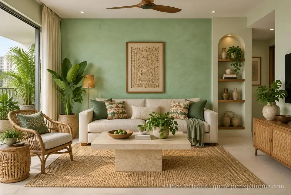 Yucatán Tropical Soft / Airy living room — Gush Core/Care Foliage (GR009A) walls with a Raffles Minty Opulence limewash feature wall and Yucatán Tropical furnishings