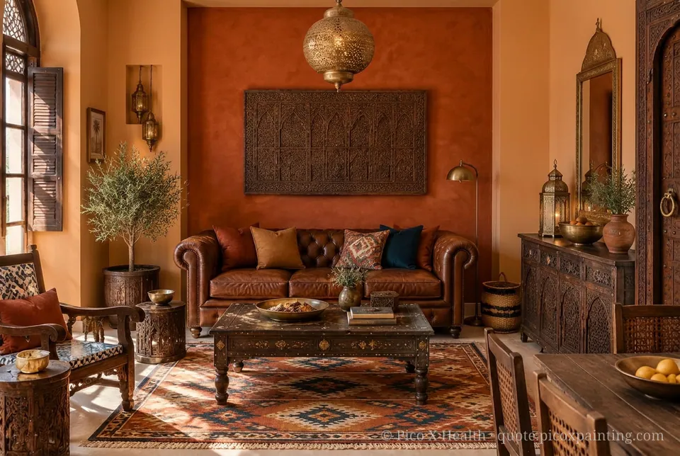 Zanzibar Rich / Statement living room — Gush Core/Care Supper Stretch (OR005B) walls with a Raffles Burnt Amber limewash feature wall and Zanzibar furnishings