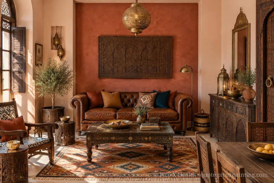 Zanzibar Soft / Airy living room — Gush Core/Care Homecoming (PI012B) walls with a Raffles Terracota limewash feature wall and Zanzibar furnishings