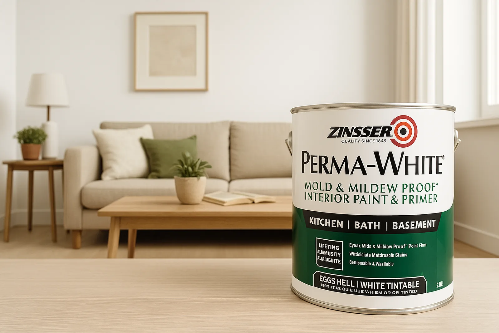 Zinsser Perma-White mould and mildew proof interior paint and primer tin displayed in a warm minimalist Singapore living room — Pico X Health Painting